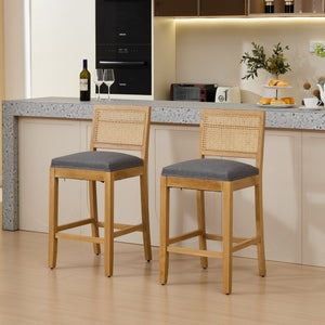 English Elm Full Solid Wood Rattan-Back Bar Stool Set Of 2 - Gray Matte Linen Cushion For Rustic Kitchen & Café W1143P384366