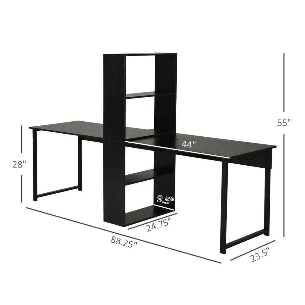 English Elm Long Double Workstation Desk with Four-tier Bookshelf for Shared Home Office Use T3971P386957