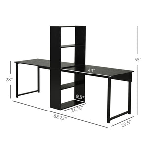English Elm Long Double Workstation Desk with Four-tier Bookshelf for Shared Home Office Use T3971P386957