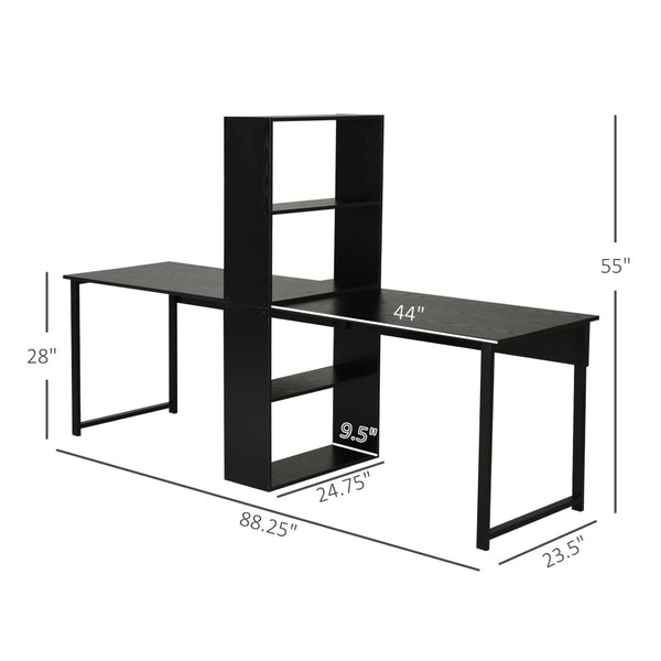 English Elm Long Double Workstation Desk with Four-tier Bookshelf for Shared Home Office Use T3971P386957