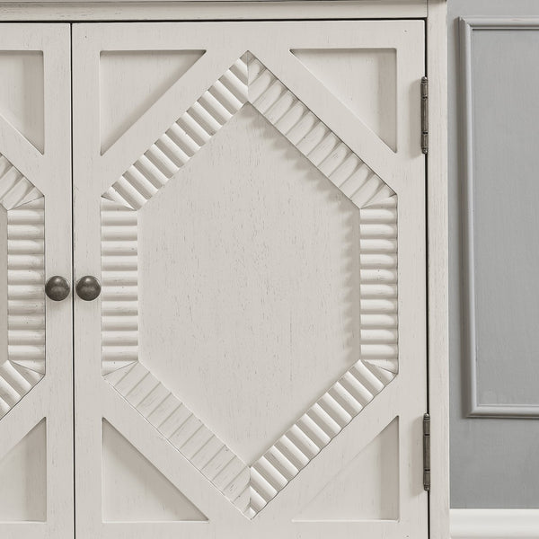 English Elm 65.2" Mid Century Sideboard Buffet with Fluted Geometric Doors, Spacious Adjustable Shelves & Brass Accents Antique White W1801P346230