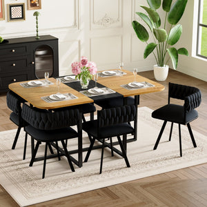 English Elm 7-piece Rectangular Dining Set Faux Marble Velvet Chairs Modern Apartment Table Black,Wood W3875S00130