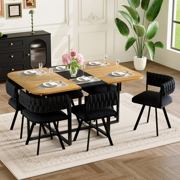 English Elm 7-piece Rectangular Dining Set Faux Marble Velvet Chairs Modern Apartment Table Black,Wood W3875S00130