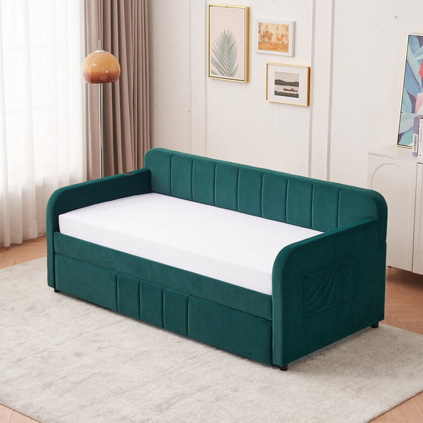 English Elm Twin Upholstered Daybed with Trundle Sofa Bed for Guest Room, Pine Wood Frame, Velvet Upholstery, Sturdy Slat Support and Full-Length Comfort Emerald W1361S00024