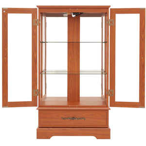 English Elm Lighted Glass Curio Cabinet - Elegant Dark Oak Display With Adjustable Shelves, Built-In Drawer & Bulb W1758P300114