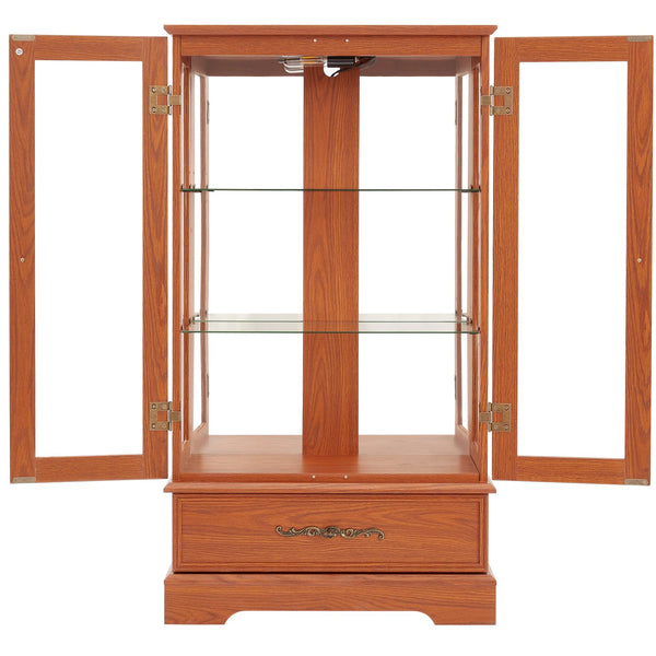 English Elm Lighted Glass Curio Cabinet - Elegant Dark Oak Display With Adjustable Shelves, Built-In Drawer & Bulb W1758P300114