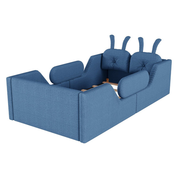 English Elm Twin Kids Platform Bed Teddy Fabric Upholstered with Bunny Cushions and Safety Rails Blue W2593P395808