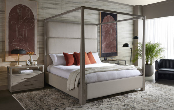 Sunpan Danette Canopy Bed - Minimalist Solid Oak Frame with Warm Brass Accents & Luxe Zenith Taupe Upholstery