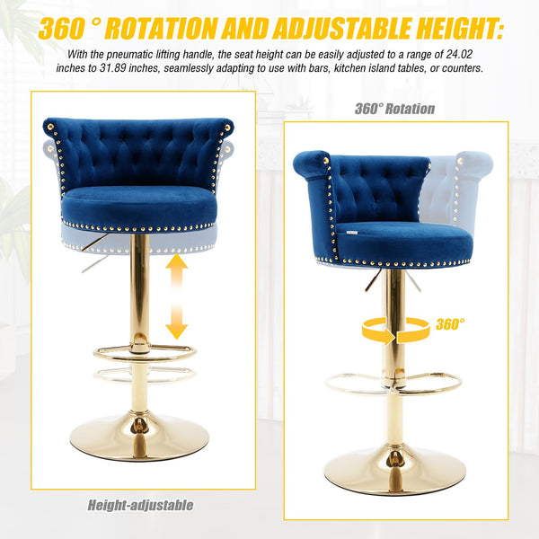 English Elm UNITED Velvet 360° Rotating Bar Chair with Diamond Stitching, Gold Frame, Plush Foam Seat, Adjustable Height Navy W1568P361717