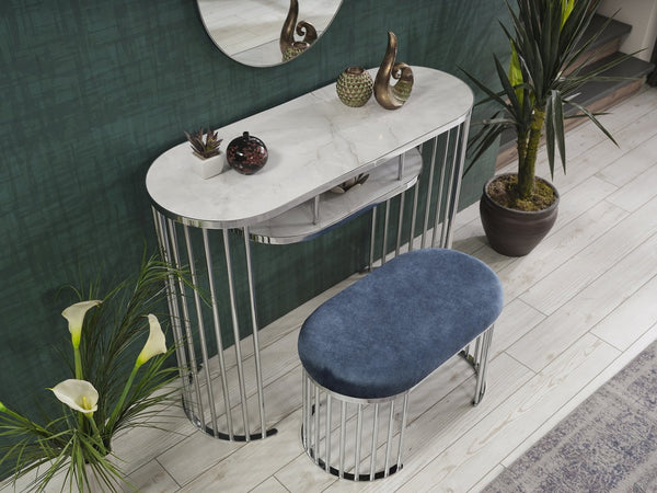 English Elm Garry Oval Fabric Ottoman with Chrome Legs — Plush Upholstery, Compact Modern Seat for Living Spaces Blue B029P333528