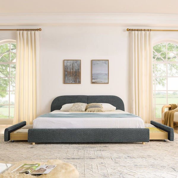 English Elm King Upholstered Storage Bed Curved Headboard Circle Yarn Fabric Modern Minimalist Frame Dark Gray W487S00470
