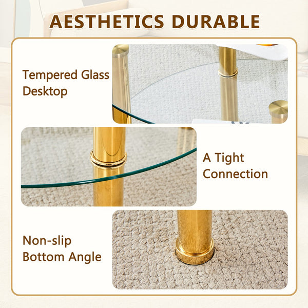 English Elm Contemporary Double Layer Tempered Glass Coffee Table 27.5" Top 23.6" Bottom Gold Legs, Modern Luxurious Design W1512P355039