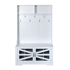 English Elm U-Can Entryway Bench with Coat Rack and Shoe Cabinet, 7 Hooks, Adjustable Shelves, Sturdy MDF White N724P264668K