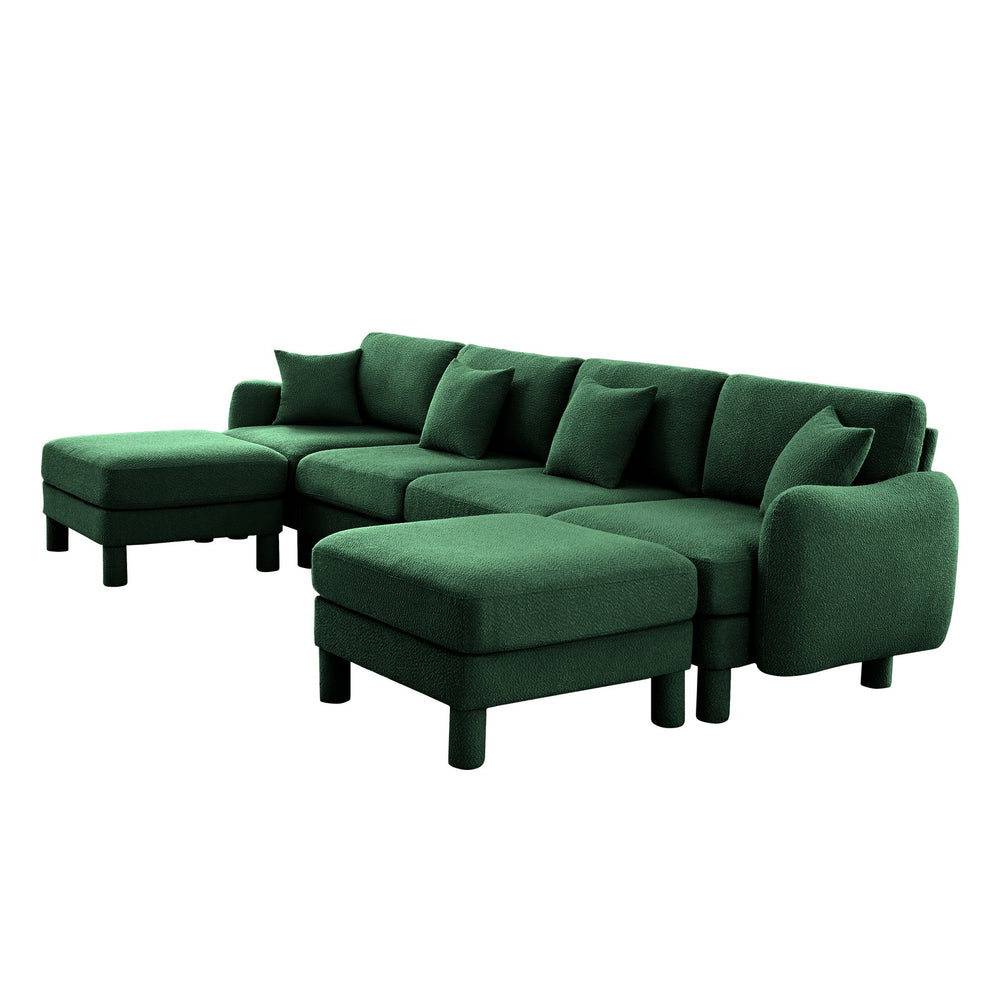 English Elm Boucle U Shape Sectional Sofa - 4-Seater With Shell Armrests & Movable Ottomans, Green Elegance W3041S00313
