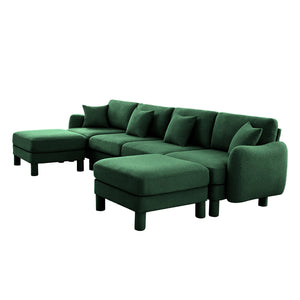 English Elm Boucle U Shape Sectional Sofa - 4-Seater With Shell Armrests & Movable Ottomans, Green Elegance W3041S00313