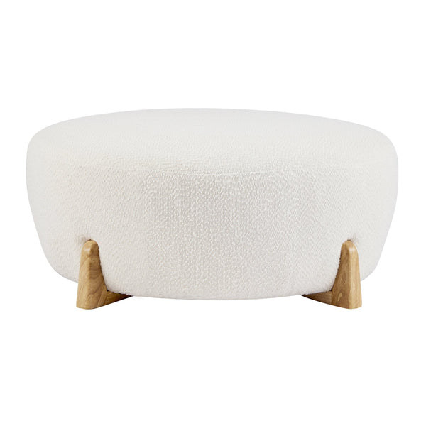 English Elm Christopher Knight Home® - Modish Round Ottoman with Plush Bouclé Top and Splayed Rubberwood Legs for Cozy Modern Living Room Natural Wood,White N769P346256W