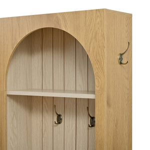 English Elm Farmhouse Hall Tree with Triple Arch Back Panel Eight Hooks Drawers and Entryway Bench N721S000071L