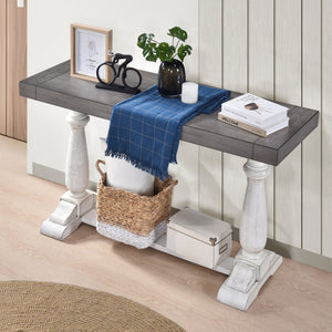 English Elm 30-Inch Pedestal Sofa Table with Rustic Farmhouse Appeal, Weathered Wood Top, Stable Turned Legs, Durable Craftsmanship Antique White,Sandstone W2537P214262