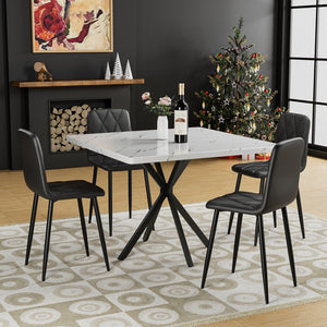 English Elm Square MDF Dining Set for 4 with Faux Marble Top, Mid-Century Modern Iron Legs, Easy-Clean Surface White+Black W578S00024