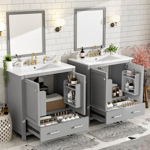 English Elm 60" Grey Bathroom Vanity Set with Double Sinks, Solid Wood, Soft-Close Doors, Divided Drawers & Storage Shelves for Spacious Modern Baths N729P000001E