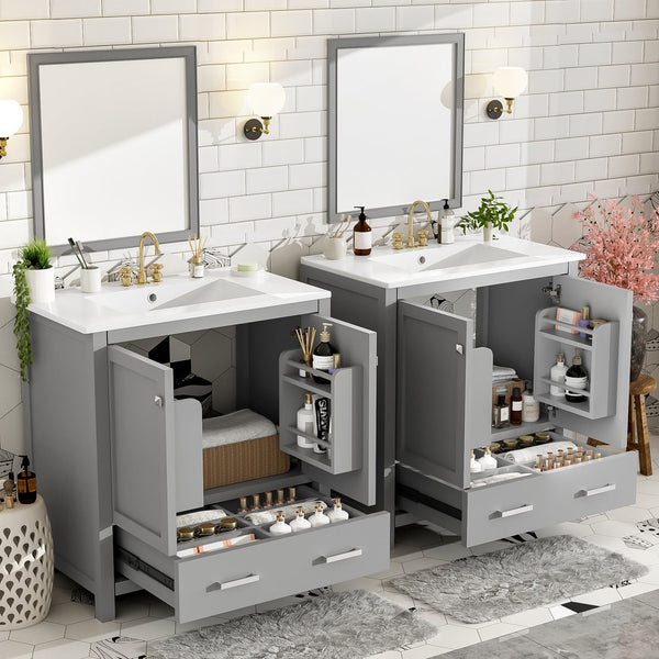 English Elm 60" Grey Bathroom Vanity Set with Double Sinks, Solid Wood, Soft-Close Doors, Divided Drawers & Storage Shelves for Spacious Modern Baths N729P000001E