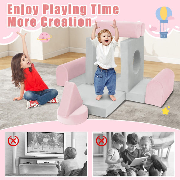 English Elm 11pcs Modular Foam Play Couch Set for Kids Velour Washable Toddler Playroom Builder Pink+Grey T5880P493424