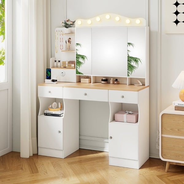 English Elm Vanity Desk With Adjustable Led Lights, Foldable Mirror, Ample Storage & Usb Power Strip - White Elegance W3767S00002-GIGA