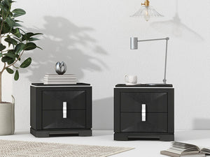 English Elm Mid-century Modern Nightstand with Diamond Geometric Drawers and Heavy Duty Wood Base Black N761P324094B