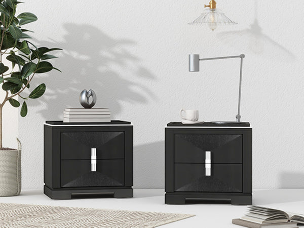 English Elm Mid-century Modern Nightstand with Diamond Geometric Drawers and Heavy Duty Wood Base Black N761P324094B