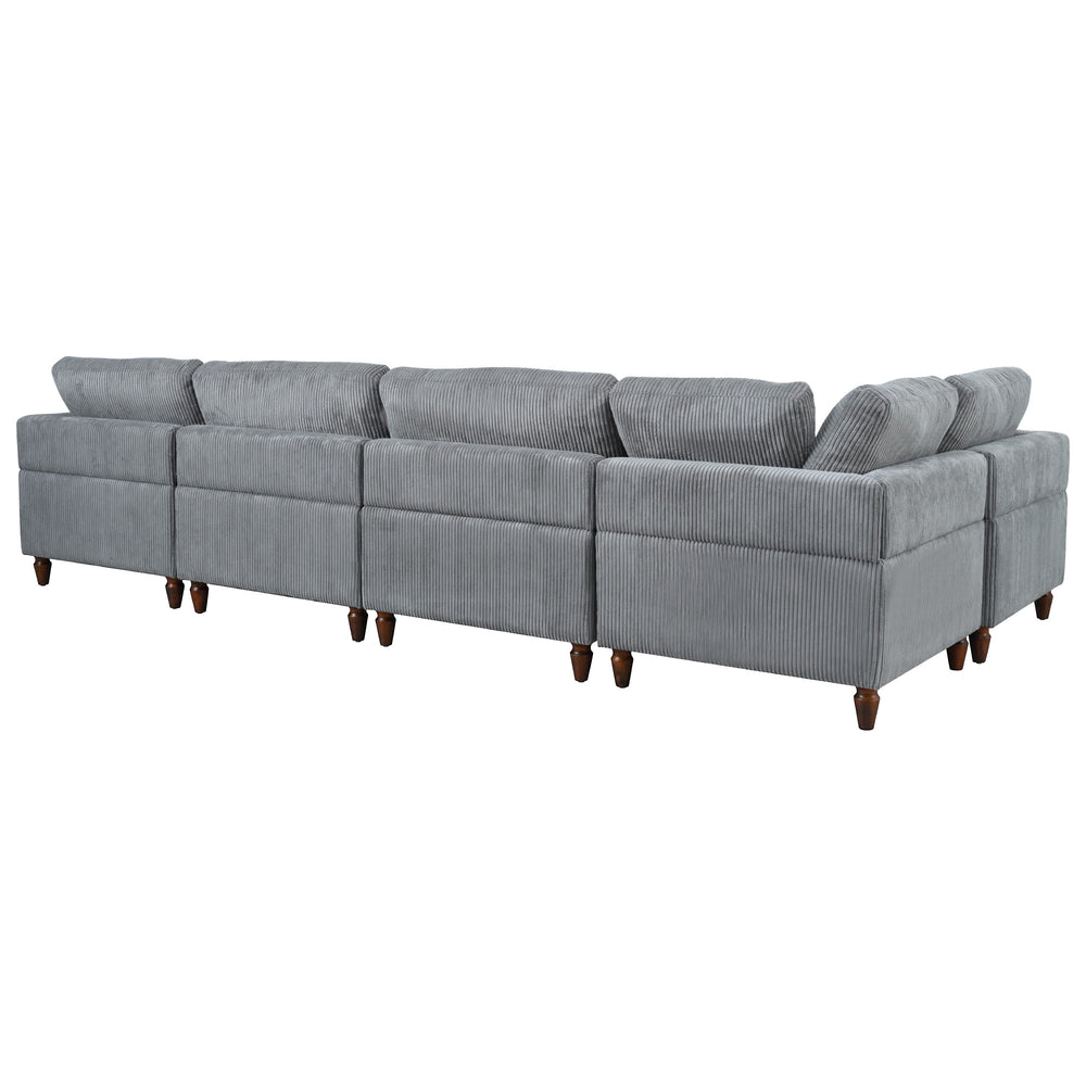 English Elm U_Style Modular Sectional Sofa with Ottoman — Spacious 5-6 Seater L-Shaped Corner Sofa, Plywood Frame, Durable Polyester Upholstery Gray WY000421AAE