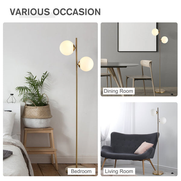 English Elm HOMCOM Gold Floor Lamp with 2 Glass Globe Shades, Anti-Skid Base, Footswitch, Modern 65" Tall W2225P217292