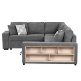 English Elm 109" U-Shaped Sectional Sofa Pull-Out Sofa Bed With Two Usb Ports, A Storage Chaise Lounge and Four Back Pillows For Living Room, Grey