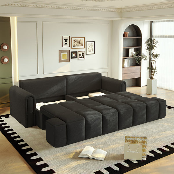 English Elm 90.2" 3-in-1 Convertible Sleeper Sofa Bed with Teddy Fabric & Storage, King-Size Comfort for Living Black W1885S00251