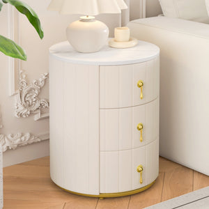 English Elm Upholstered Rounded Nightstand with 3 Spacious Drawers, Marbled Top and Metal Handles, Fully Assembled Beige 24 L x 19.5 W x 18.89 H N733P272609A
