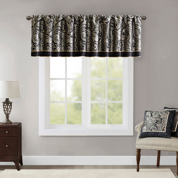 JLA Home Madison Park - Jacquard Paisley-Textured Window Valance with Faux Silk Trim, Metallic Highlights & OEKO-TEX Safety Black MP41-1606