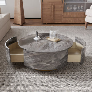 English Elm Tavola Round Coffee Table with Marble Pattern Top and Metal Legs, Two Drawers for Stylish Storage Brown B341P321163