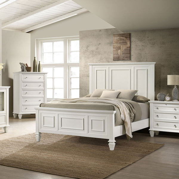 English Elm Chelema Cream White Eastern King Wood Panel Bed with Carved High Headboard and Elegant Accents B062S01322