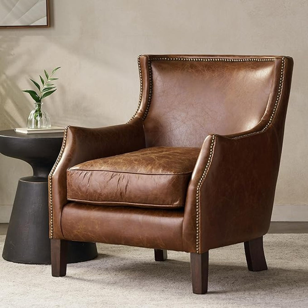 English Elm Genuine Top-grain Leather Accent Chair Studded Trim Solid Wood Frame Living Room N767P419112W