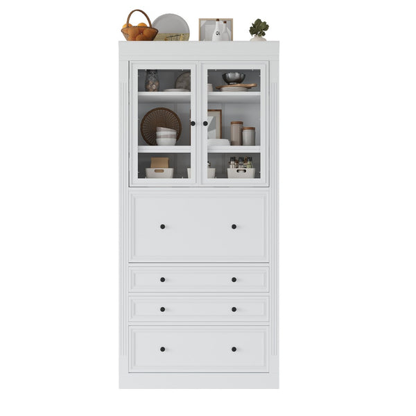 English Elm Topmax Shaker Pantry Cabinet with Drawers Power Outlet and Glass Doors SP000094AAK