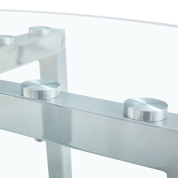 English Elm Modern circular tempered glass dining table with silver metal legs, minimalist clear top for airy spaces W1512P371582