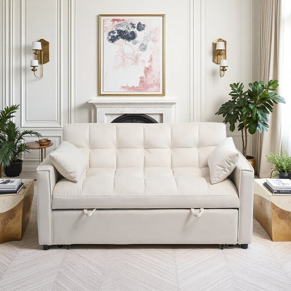 English Elm Sleeper 3-in-1 Velvet Pull-Out Sofa Bed with Adjustable Backrest, Storage Pockets, 2 Pillows, Cream W3138P281697