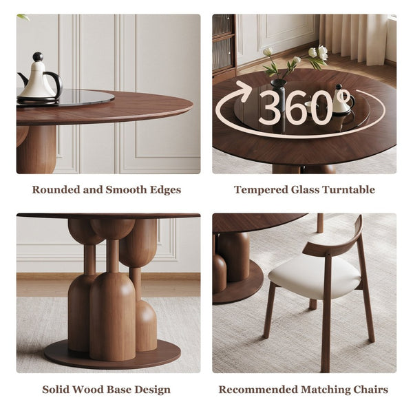 English Elm 59-inch Solid Oak Round Dining Set Wabi-sabi Sculpted Table Eight Chairs Lazy Susan W2700S00138