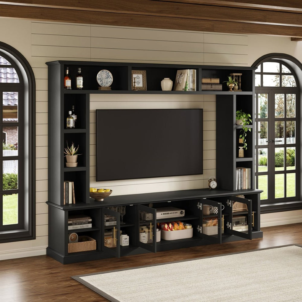 English Elm Entertainment Wall Unit with Glass Doors Open Shelving Mdf Living Room Storage Black N710S688100B