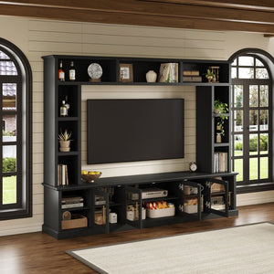 English Elm Entertainment Wall Unit with Glass Doors Open Shelving Mdf Living Room Storage Black N710S688100B