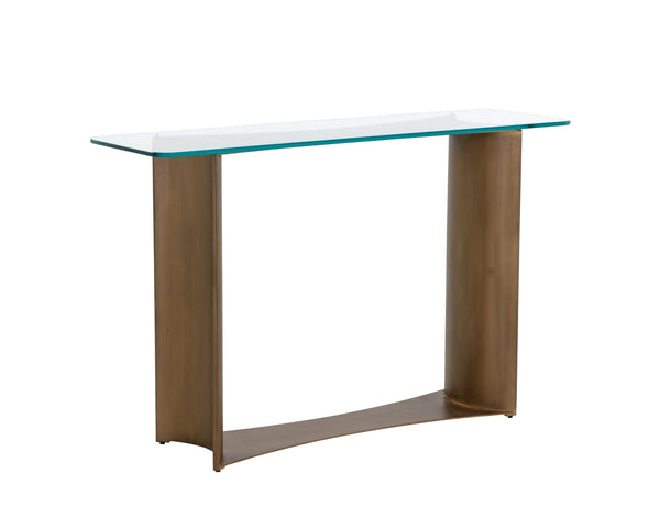 Sunpan Denver Console Table - Modern Glass Top with Antique Brass Base, Handcrafted Elegance for Home Decor