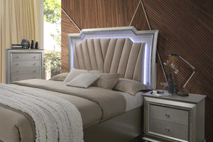 English Elm Kaitlyn Queen Bed with LED & Hidden Storage Drawers, Padded Tufted PU Headboard, Glam Wood Trim Champagne 88 L x 16 W x 3 H B2726S00294