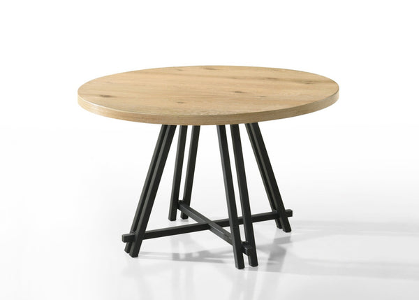 English Elm Tiziano 47 Inch Round Dining Set Distressed Oak Veneer with Cream Upholstered Chairs B2749S00303