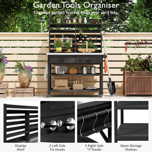 English Elm K&K 64.9" Outdoor Potting Bench with 1.2" Stainless Steel Top, Lockable Wheels, Hutch & Drawers Black N707P228274B