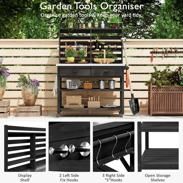 English Elm K&K 64.9" Outdoor Potting Bench with 1.2" Stainless Steel Top, Lockable Wheels, Hutch & Drawers Black N707P228274B