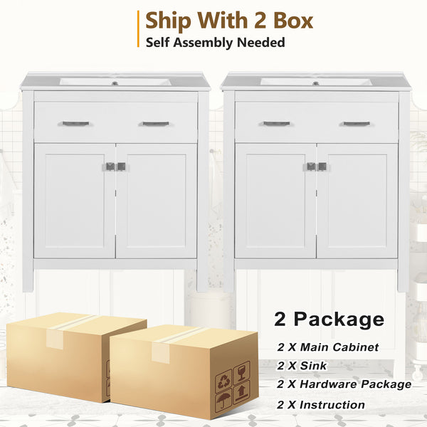English Elm 60" Modern Bathroom Vanity Set with Double Ceramic Sinks, Soft-Close Doors, Flip Drawer & Storage White N729P000002K
